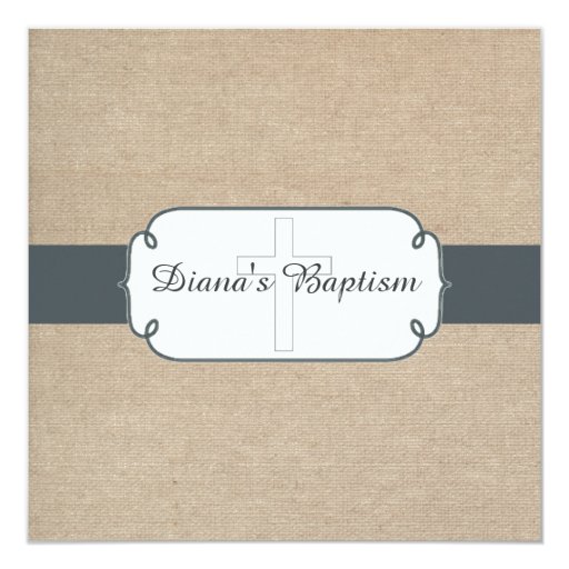 Rustic Blue Gray & Beige Burlap Baptism Invitation (front side)