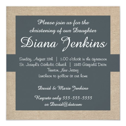 Rustic Blue Gray & Beige Burlap Baptism Invitation
