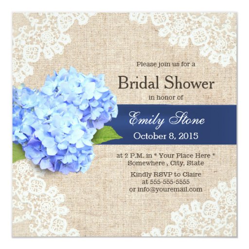 Rustic Blue Hydrangea Lace & Burlap Bridal Shower Custom Invitations (front side)