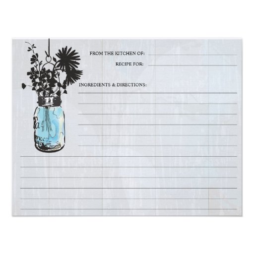 Rustic Blue Mason Jar & Wildflowers Recipe Card Custom Invite