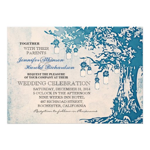 Rustic blue mason jars tree wedding invitations