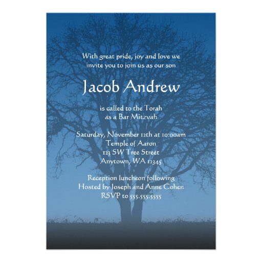 Rustic Blue Tree of Life Bar Mitzvah Invitations (front side)