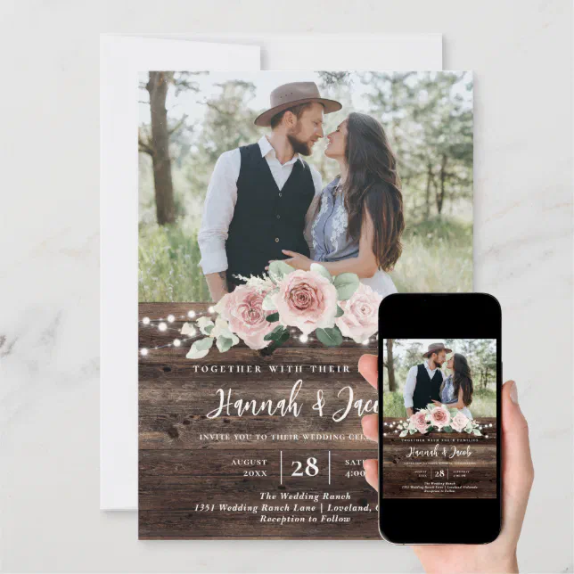 Rustic Blush Pink Floral Wood String Light Wedding Invitation Zazzle