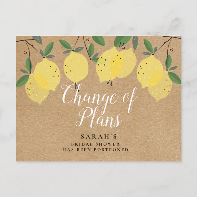 Rustic Boho Lemons Change The Date Postponed Event Postcard Zazzle