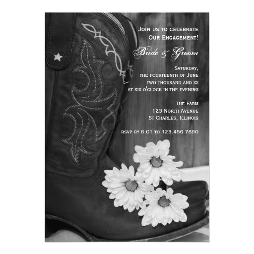 Rustic Boots and Daisies Country Engagement Party Custom Announcements (front side)