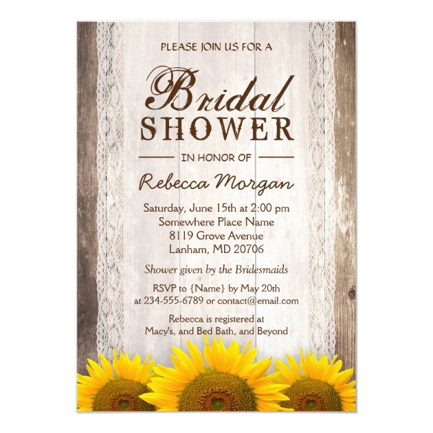Rustic Bridal Shower Sunflowers Lace Barn Wood 5x7 Paper Invitation Card (front side)
