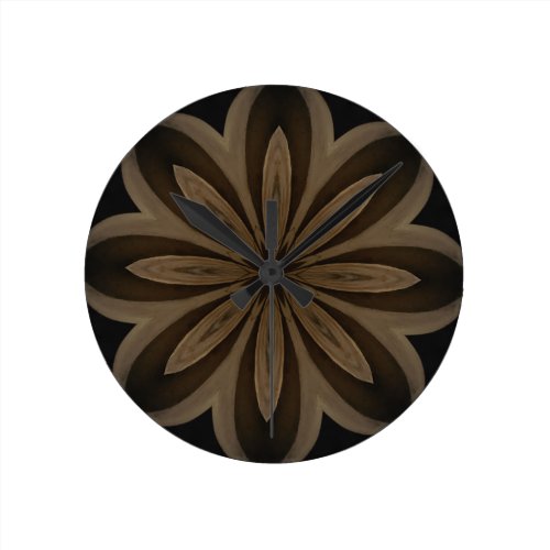 Rustic Brown Floral Kaleidoscope Design Round Clock Rustic Brown Floral Kaleidoscope Design Round Clock