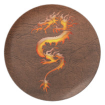 Rustic Brown Leather & Orange Dragon Design Plate