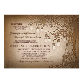 Rustic brown mason jars tree wedding invitations