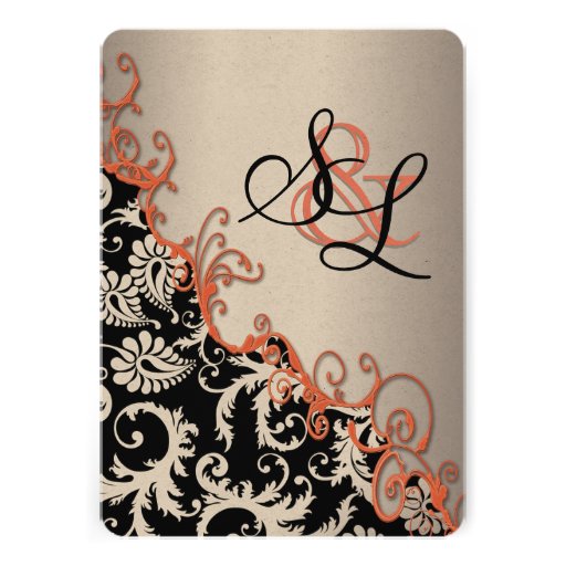 Rustic Brown Paper Damask Tangerine Swirls Personalized Invites