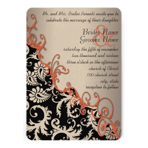 Rustic Brown Paper Damask Tangerine Swirls Personalized Invites