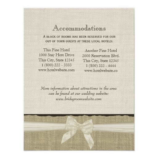Rustic Burlap and Bow Direction Info Card