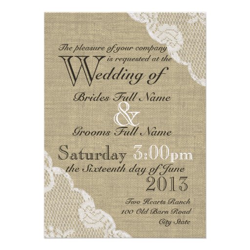 Rustic Burlap and Lace Country Wedding Custom Invitation