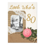 Rustic Burlap and Lace Rose 80th Birthday Invite