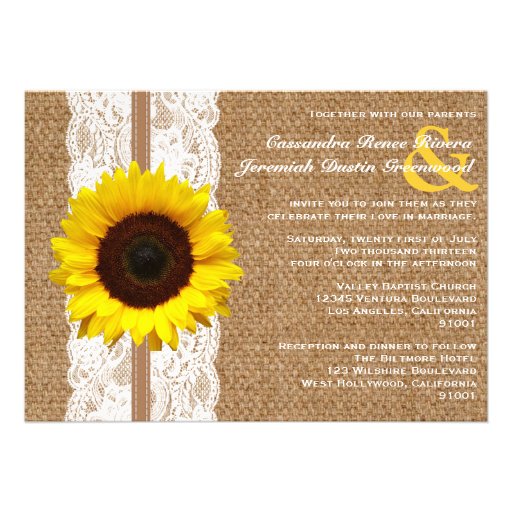 Rustic Burlap and Lace with Sunflower Wedding Personalized Announcements