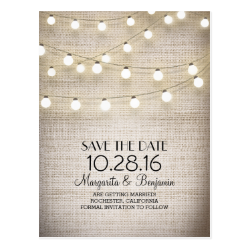 Rustic burlap and string lights save the date post card