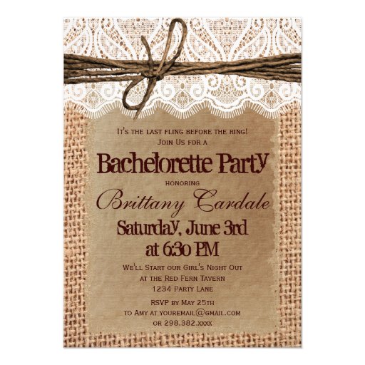 Rustic Burlap Bachelorette Party Invitations (front side)
