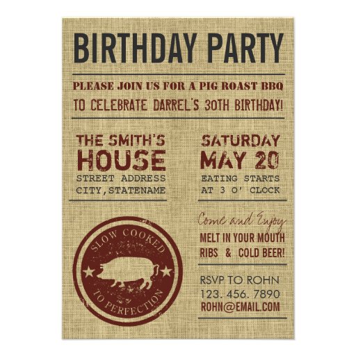 Rustic Burlap BBQ Birthday Party Invitations