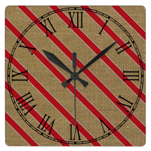 Rustic Burlap Candy Cane Square Wall Clock