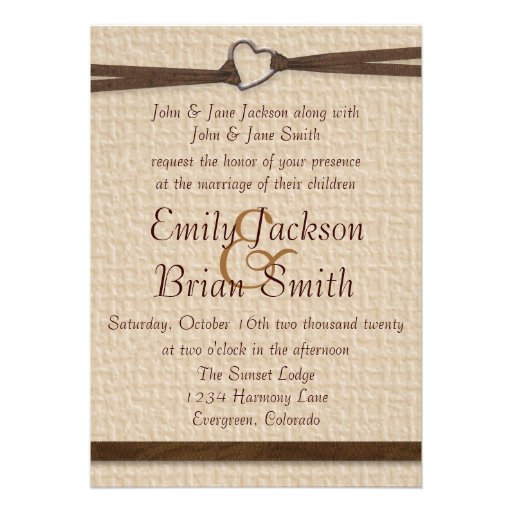 Rustic burlap heart clasp ribbon wedding invites