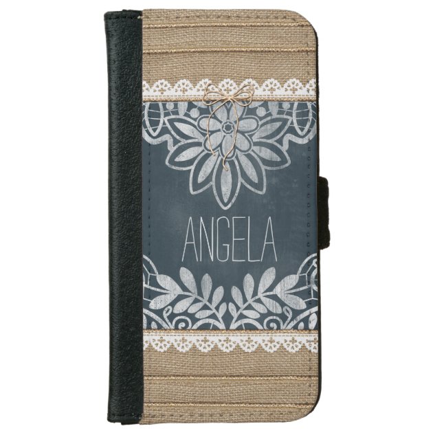 Rustic Burlap Lace Chalkboard Personalized iPhone 6 Wallet Case