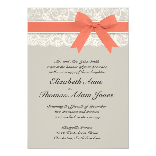 Rustic Burlap Lace Coral Gray Wedding Invitation (front side)