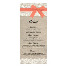 Rustic Burlap & Lace Coral Wedding Menu Rack Card Design