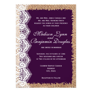 Rustic Burlap Lace Dark Purple Wedding Invitations