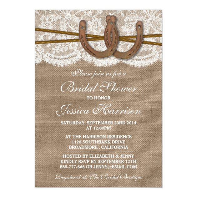 Rustic Burlap & Lace Horseshoe Bridal Shower 5x7 Paper Invitation Card