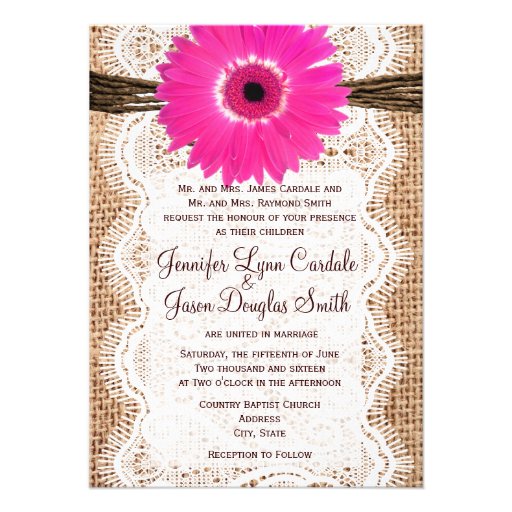 Rustic Burlap Lace Hot Pink Daisy Wedding Invites