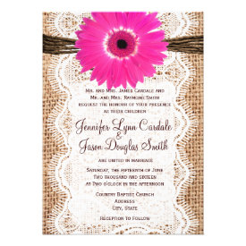 Rustic Burlap Lace Hot Pink Daisy Wedding Invites Personalized Announcement