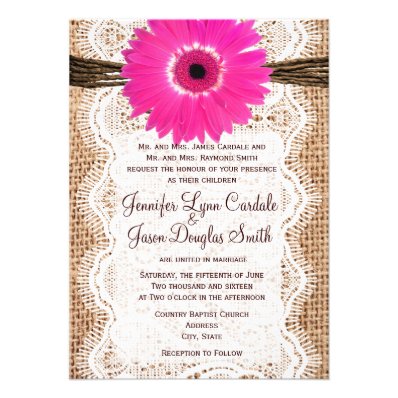 Rustic Burlap Lace Hot Pink Daisy Wedding Invites Personalized Announcement