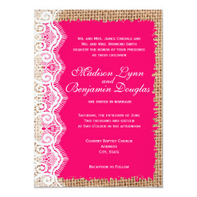 Rustic Burlap Lace Hot Pink Wedding Invitations 4.5
