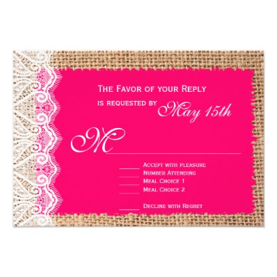 Rustic Burlap Lace Hot Pink Wedding RSVP Cards