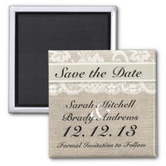 Rustic Burlap Lace Ivory Save the Date Magnet