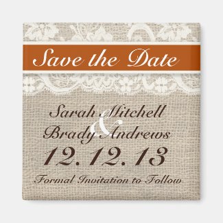 Rustic Burlap Lace Orange Save the Date Magnet