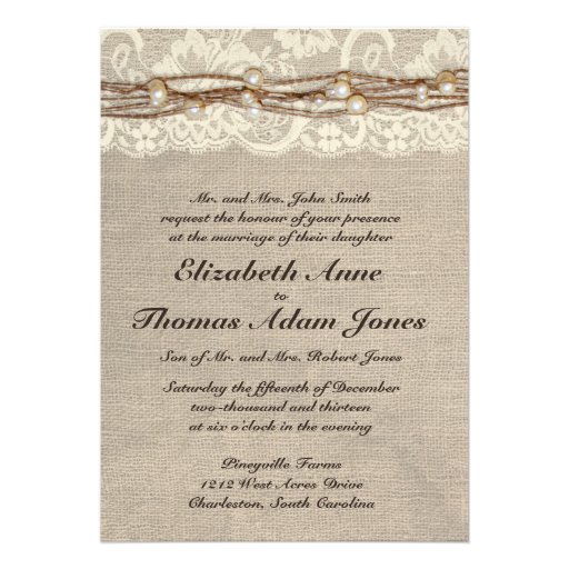 Rustic Burlap Lace Pearls Wedding Invitation (front side)