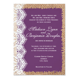 Rustic Burlap Lace Purple Wedding Invitations 4.5
