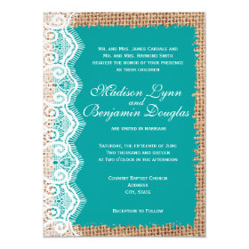 Rustic Burlap Lace Turquoise Wedding Invitations 4.5