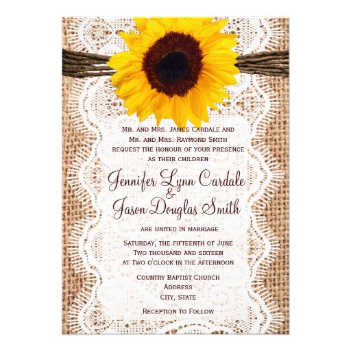 Rustic Burlap Lace Twine Sunflower Wedding Invites (front side)