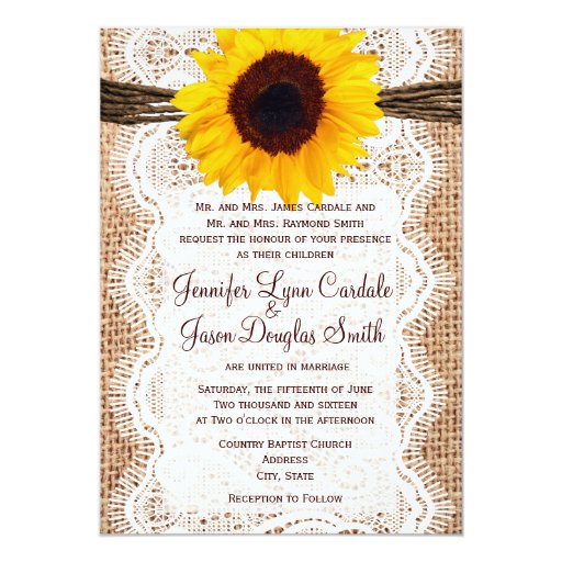 Rustic Burlap Lace Twine Sunflower Wedding Invites 5 X 7 Invitation