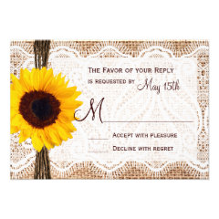 Rustic Burlap Lace Twine Sunflower Wedding RSVP Personalized Invite