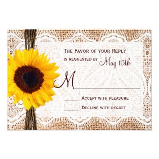Rustic Burlap Lace Twine Sunflower Wedding RSVP Personalized Invite