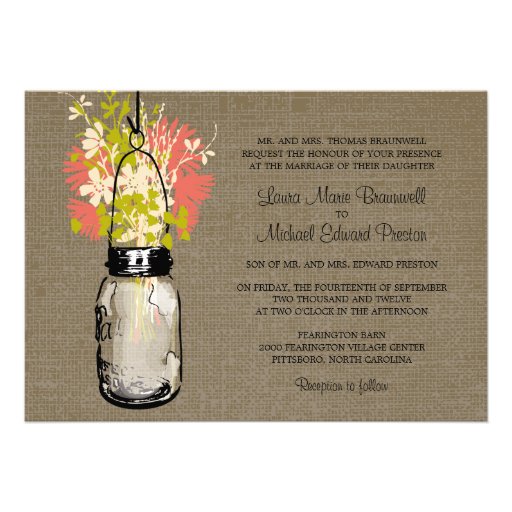 Rustic Burlap Mason Jar and Wildflowers Wedding Invite