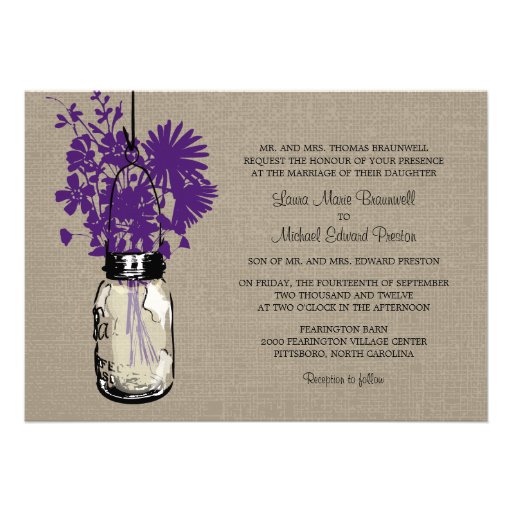 Rustic Burlap Mason Jar and Wildflowers Wedding Custom Announcement