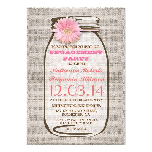 Rustic Burlap Mason Jar Pink Engagement Party Invitation