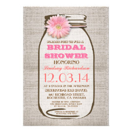 Rustic Burlap Mason Jar Pink Gerbera Bridal Shower Custom Invite