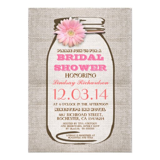 Rustic Burlap Mason Jar Pink Gerbera Bridal Shower Custom Invite