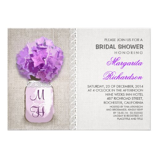 Rustic Burlap Mason Jar Purple Bridal Shower Invitations