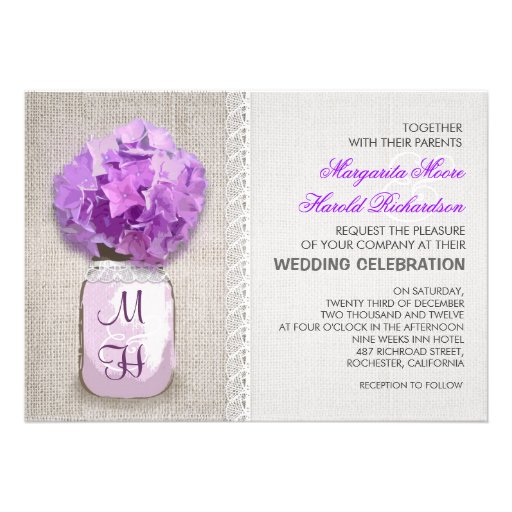 Rustic Burlap Mason Jar Purple Hydrangea Wedding Personalized Invitations